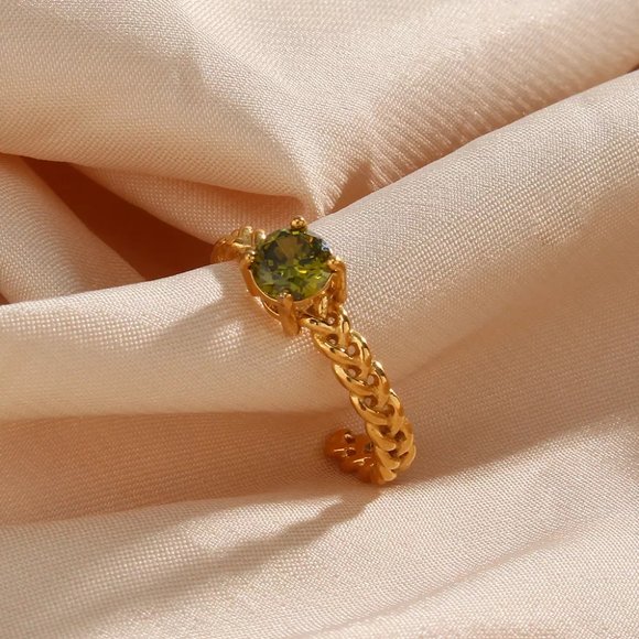 Olive Green Cubic Zirconia Woven Chain Adjustable Ring 18K Gold Plated Steel - Picture 3 of 10